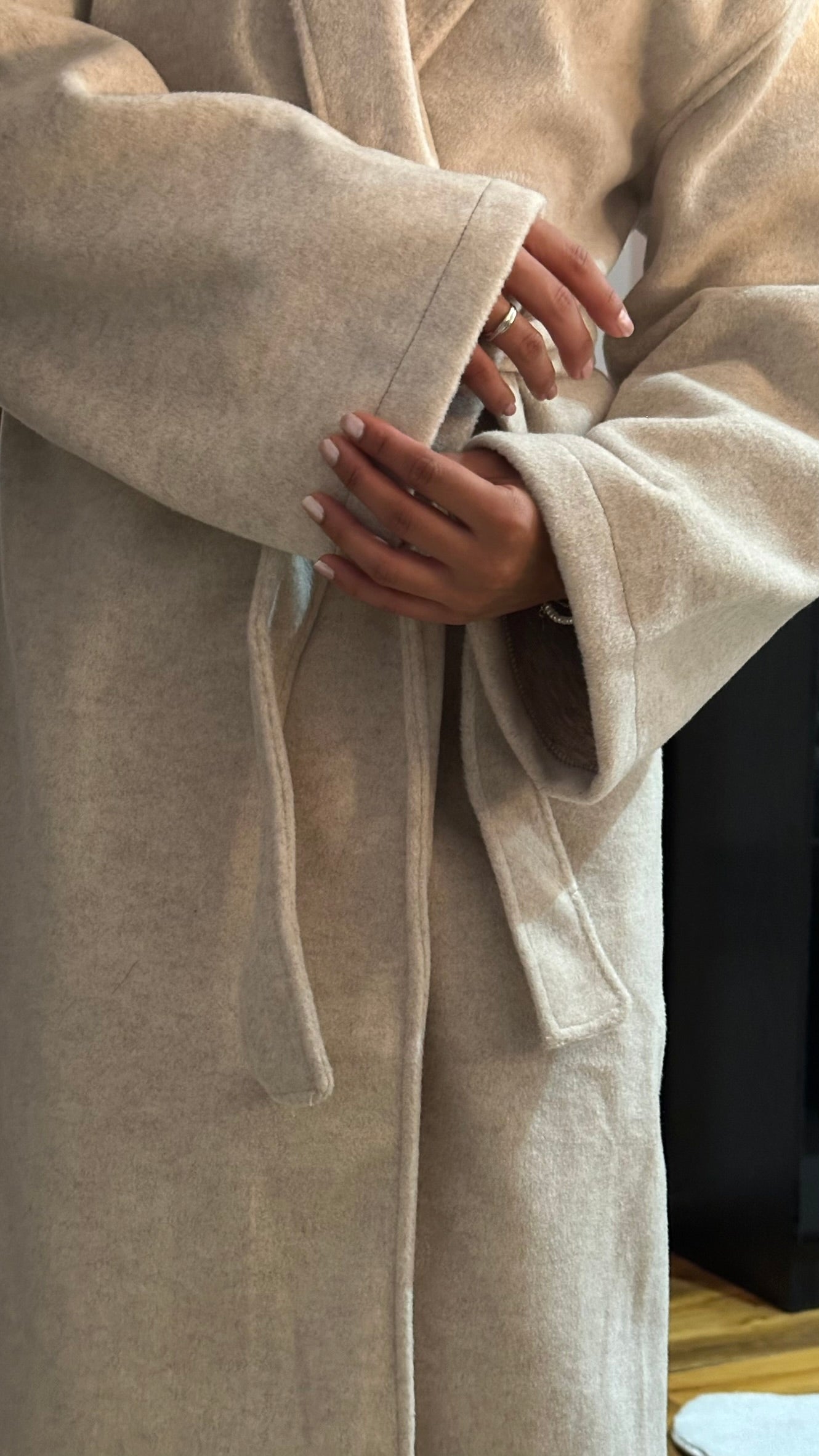 Brushed Velvet Open Coat with Belt