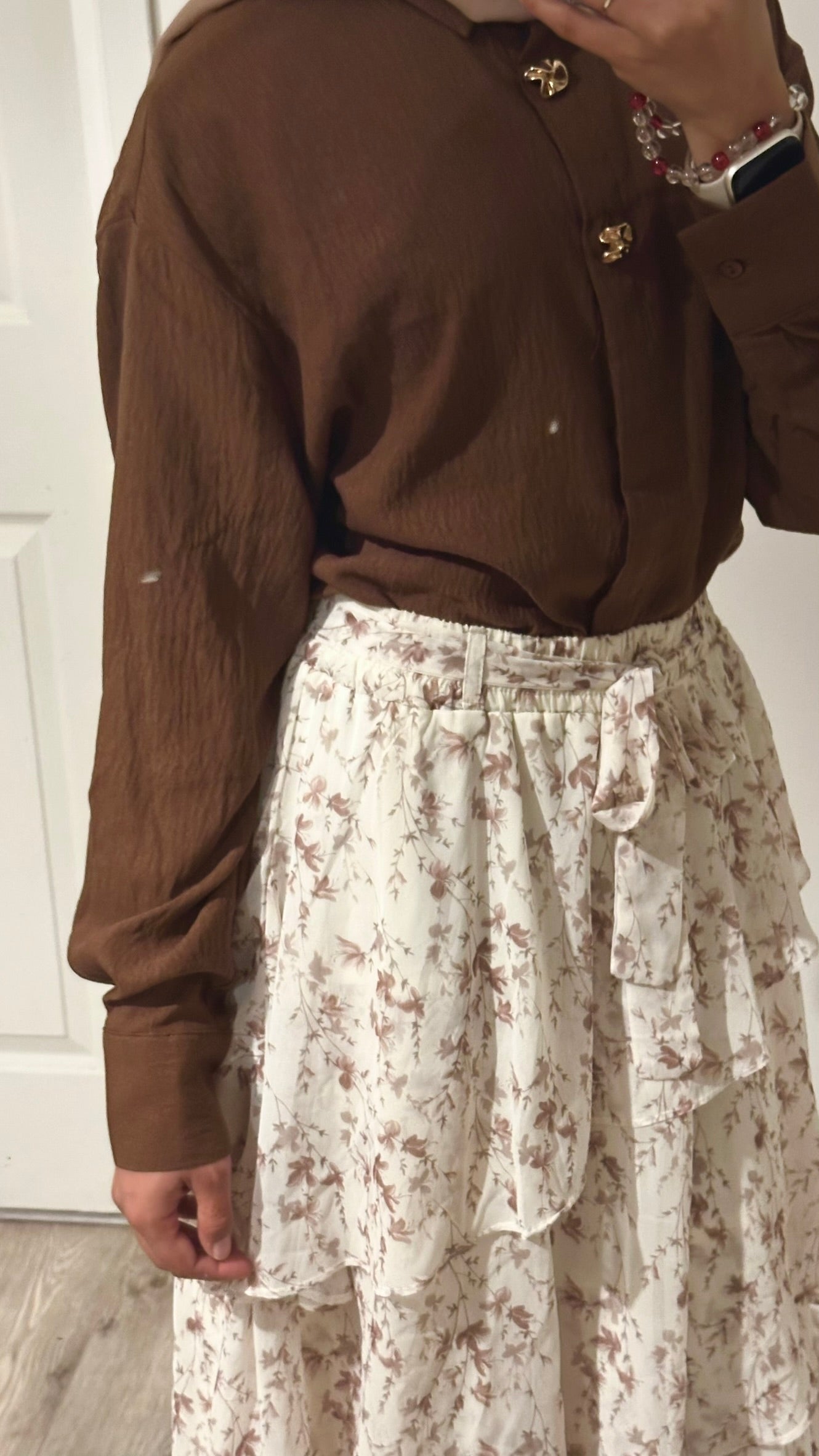 Floral Chiffon Tapered Skirt Set - Brown
