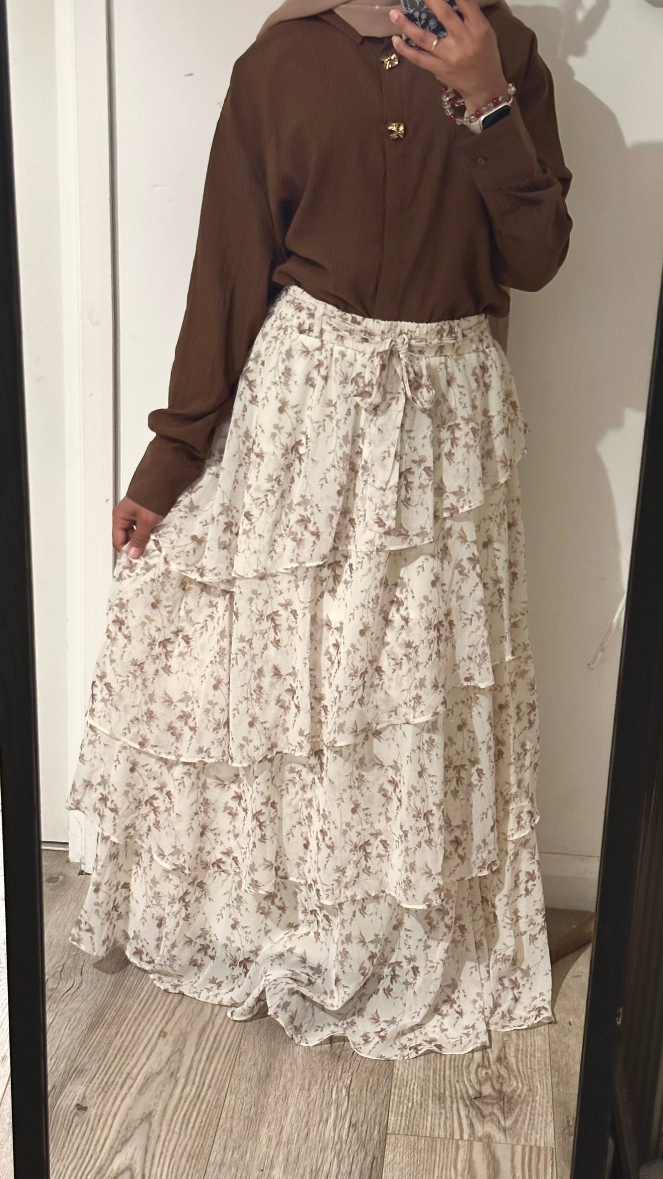 Floral Chiffon Tapered Skirt Set - Brown